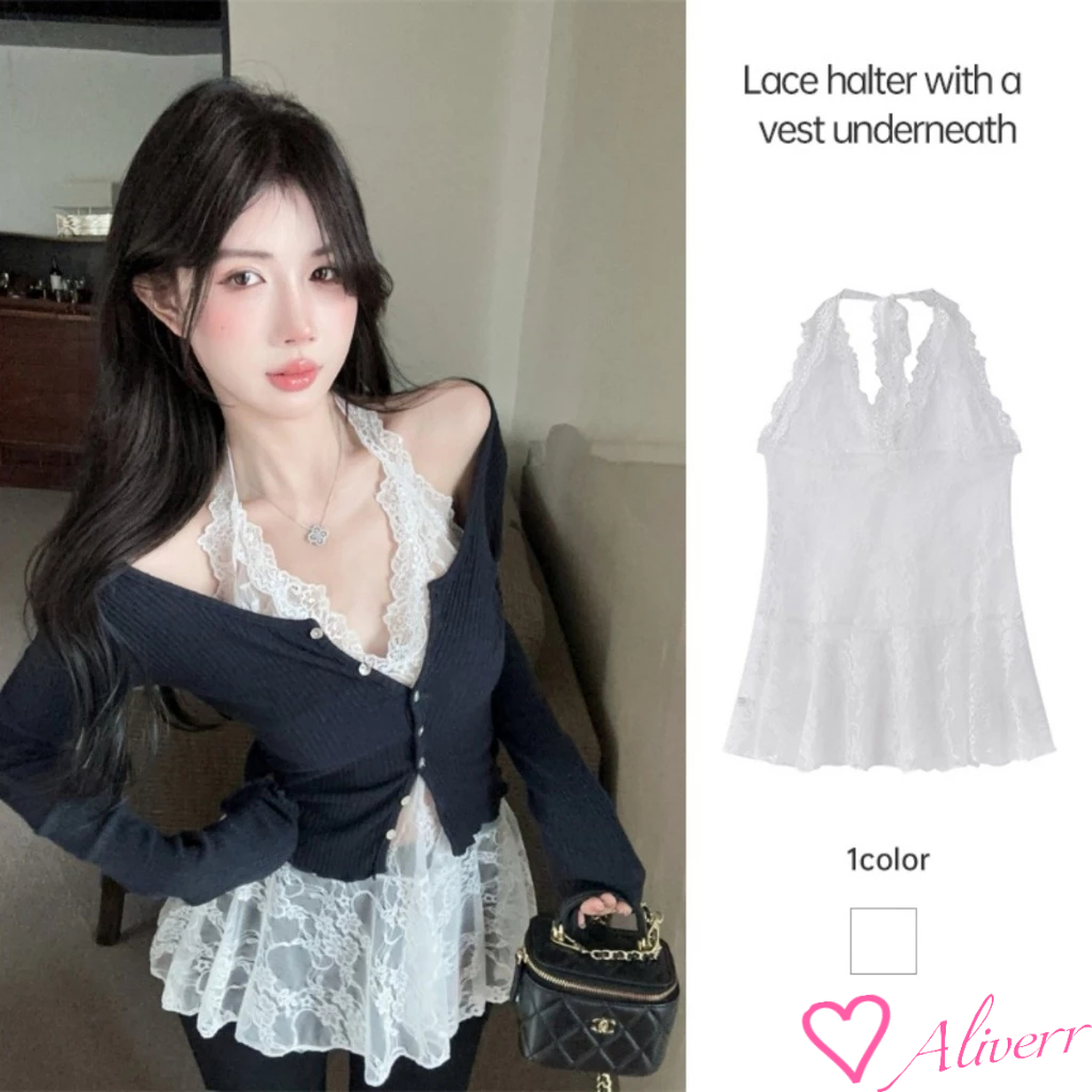 เซ็กซี่ Camisole ลูกไม้แขวนคอเสื้อกั๊กผู้หญิง Slim FITTING เสื้อแขนกุด Bottoming LIVE
