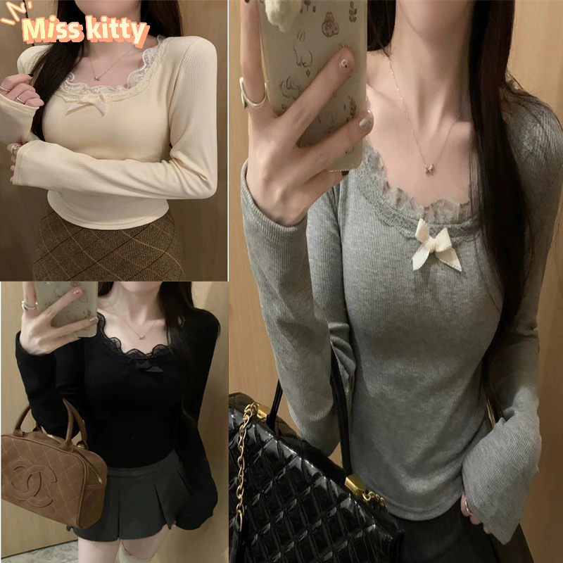 Miss Kitty พร้อมส่ง ใส่สบายท่านหญิง เสื้อแขนยาวคอกลม สีพื้น ผ้าร่องเล็ก น่ารักคาวาอี้มีฟองน้ำ*FY714*