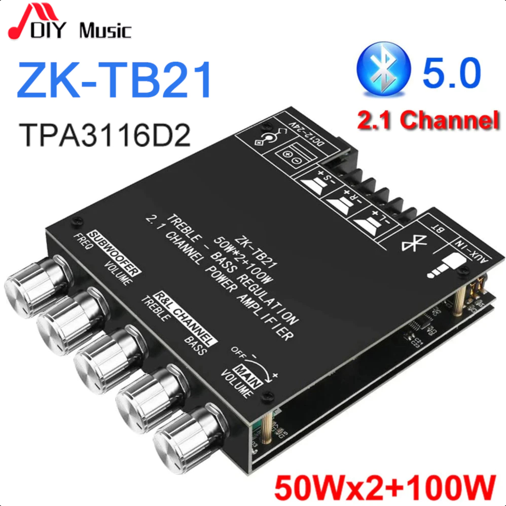 ZK TB21 Miniเครื่องขยายเสียงบลูทูธ5.0ซับวูฟเฟอร์เครื่องขยายเสียง2*50W + Bass 100WชิปTPA3116D2 2.1chระบบ
