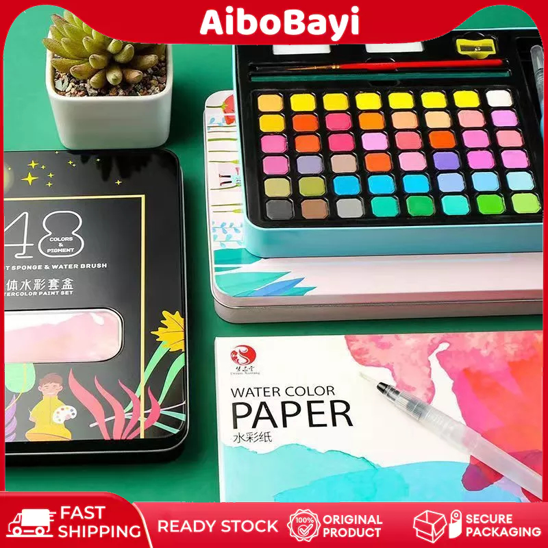 【COD】บบพกพาสีน้ำสีเม็ดสีแข็งวาดชุดพ Watercolor สีน้ำเซ็ทใหญ่ 48 สี ชุดสีน้ำกล่องเหล็กโลหะ พร้อมพู่กัน พู่กันแท้งค์ ส