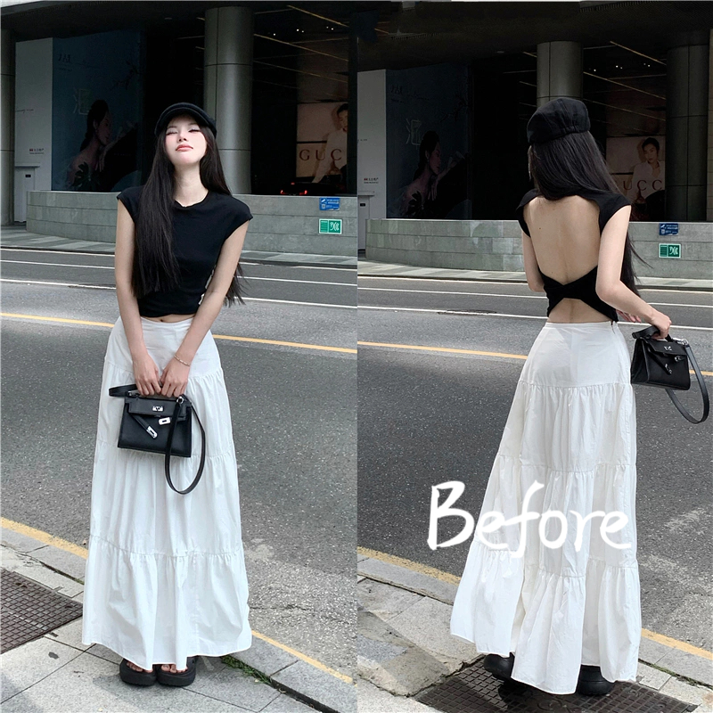 กระโปรงทรงเอ สีขาวดูผอมสไตล์เกาหลีกระโปรง กระโปรงยาวทรงหลวม BF
