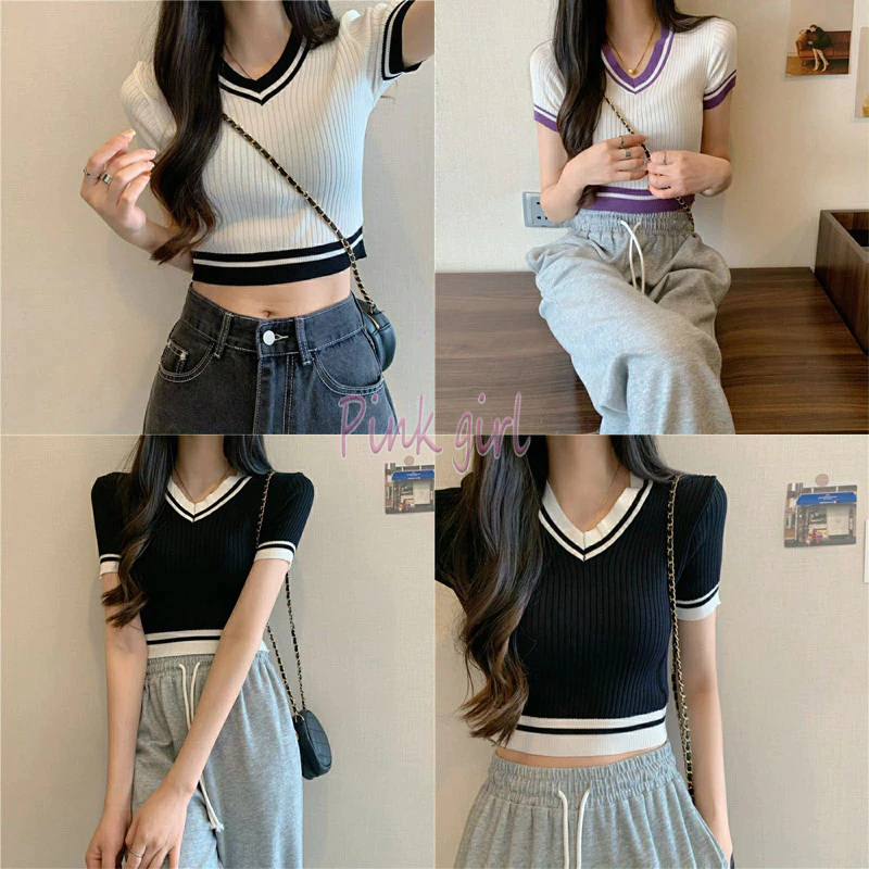 Pink girl ​พร้อมส่ง เสื้อครอปไหมพรมแขนสั้น คอวีผ้าร่องใส่สบายน่ารักเกาหลีเกาหลี "28056" -C