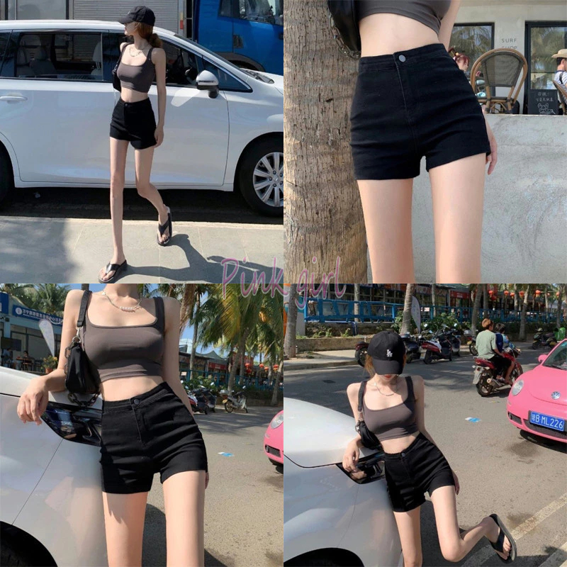 💋Pink girl💋​พร้อมส่ง กางเกงขาสั้นเอวสูง สีดำผ้ายืดรัดตัว "A12" -NZ-H