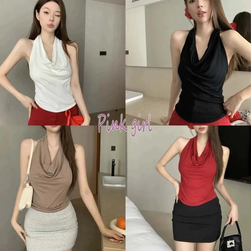 💋Pink girl💋​พร้อมส่ง เสื้อคล้องไหมพรม ดีเทลเว้าหลังเซ็ก ผ้านุ่มนิ่ม สีพาสเทล "8K131"