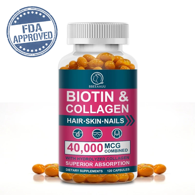 BEAU  Biotin & Collagen - 40,000mcg 120 แคปซูล, วิตามินผิว, ไบโอติน, คอลลาเจน, ต่อต้านริ้วรอย, ผม, ผ