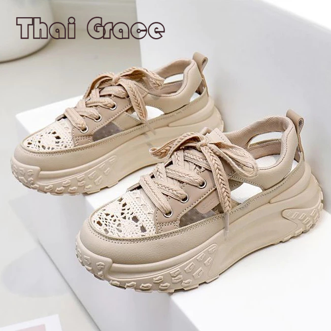 TG รองเท้าผู้หญิง รองเท้ากีฬาลำลองผู้หญิง ผ้าคุณภาพสูง ดีไซน์ตาข่ายโปร่ง ระบายอากาศดี สูง 5 ซม มาพร้อมกล่องรองเท้า