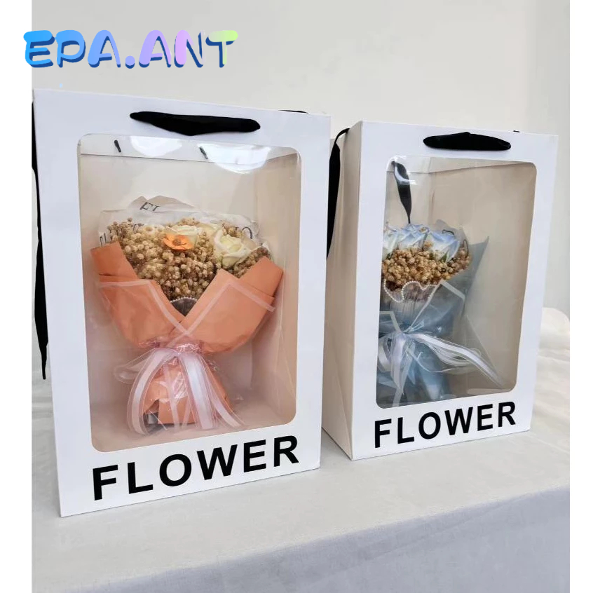 กระเป๋าหน้าใสพิมพ์คำFLOWER ถุงหน้าใสใส่ของขวัญ ใส่ดอกไม้ ตุ๊กตา ขนาด28*28*40ซม.