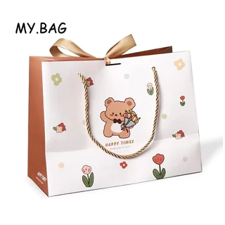 🌷🌷BAG🌷🌷 ถุงกระดาษหูหิ้ว ถุงใส่ของขวัญ HAPPY TIMES ถุงกระดาษน่ารัก ผูกโบว์