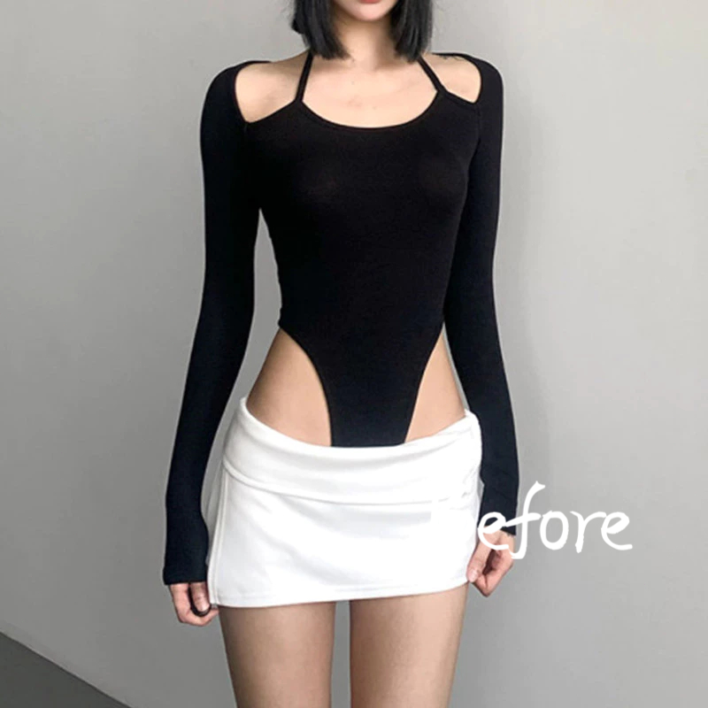 Hollow-OUTแขวนคอJumpsuitสาวร้อนSlim FITTING TOPปลอมสองชิ้นแขนยาวJumpsuit BF