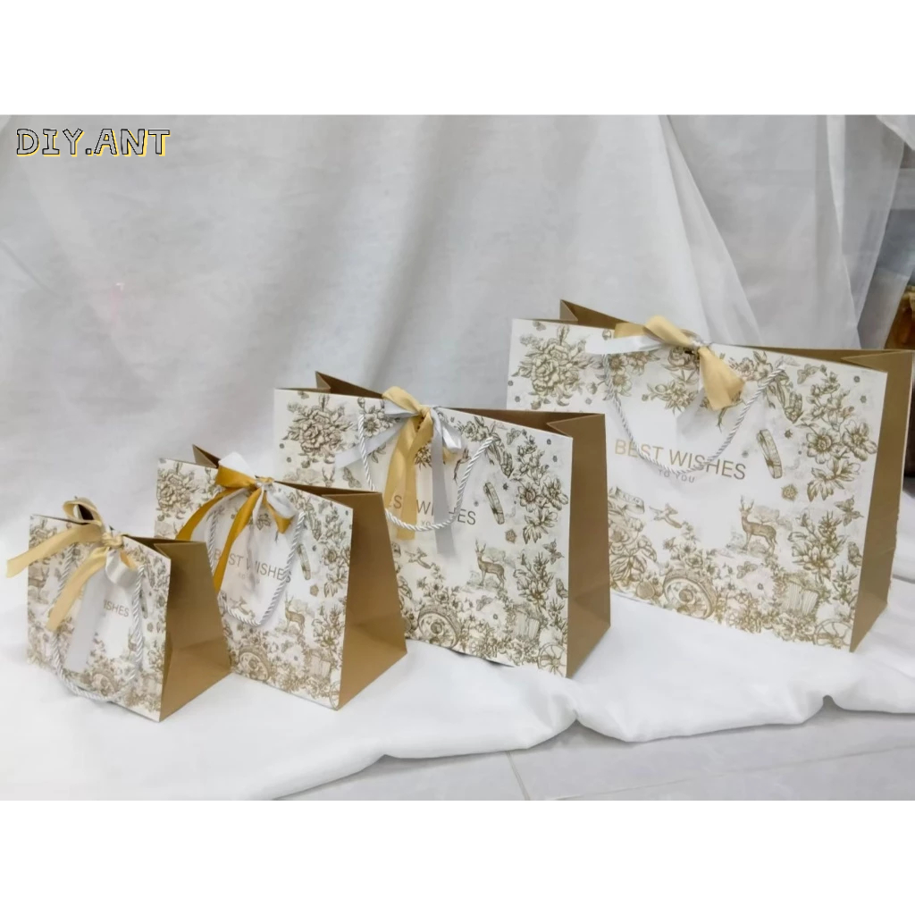 💐DIY💐 ถุงของขวัญ ลายดอกไม้สีทอง พร้อมโบว์ทูโทน 2 เส้น ใส่ของ หูหิ้วเชือก แข็งแรง