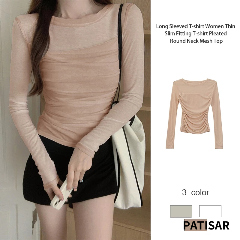 เสื้อยืดแขนยาวผู้หญิงทรงน่ารักบางพอดีตัวจีบคอกลมผ้าตาข่ายด้านบน PR