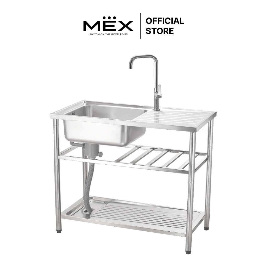 MEX รุ่น PSC100ML อ่างล้างจานพร้อมขาตั้ง 1 หลุม 1 ที่พัก ขนาด 100 x 50 ซม. สเตนเลส สตีล AISI 304 หนา 0.6 มม.