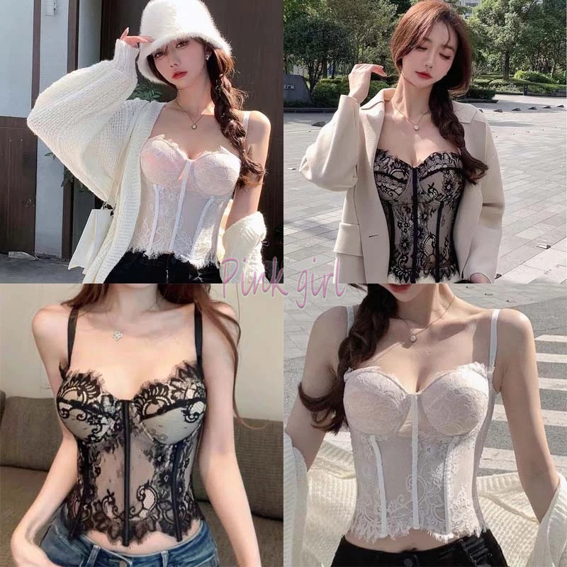 💋Pink girl💋พร้อมส่ง เสื้อสายเดี่ยว มีฟองน้ำ สไตล์เกาหลี แต้งลูกไม้ เซ็กซี่มากแม่ "FYL226"