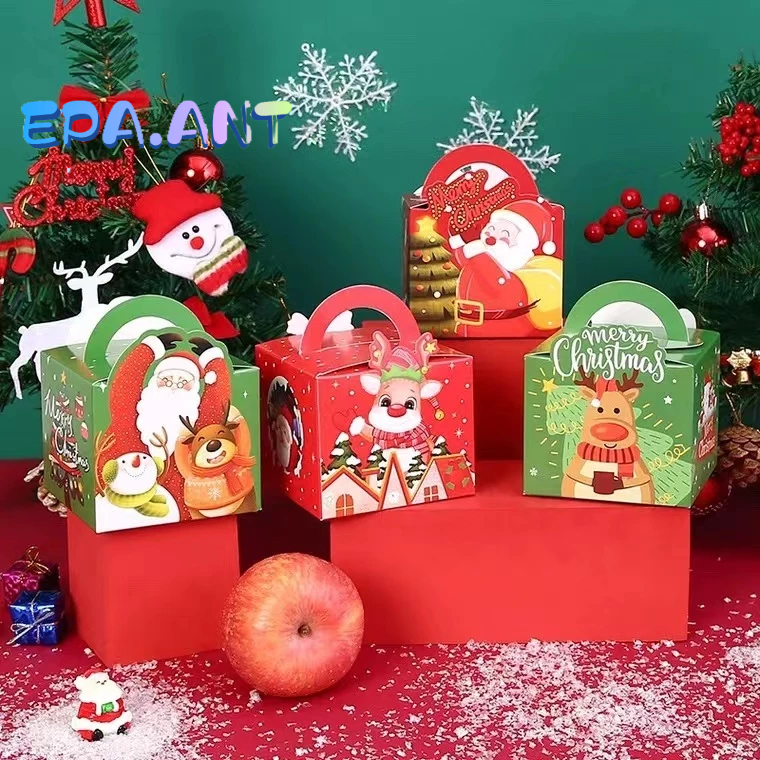 EPA 3ชิ้น/6ชิ้น Christmas Apple Box กล่องใส่ขนม ทรงหูจับ มี4ลาย โทนเขียว/แดง