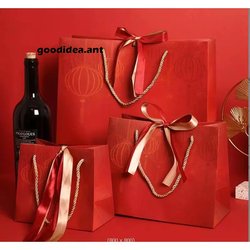 GIDA✏️ ถุงกระดาษตรุษจีน ถุงใส่ของขวัญของรับไหว้ ถุงสีแดงลายโคมจีน พร้อมริบบิ้นผูก