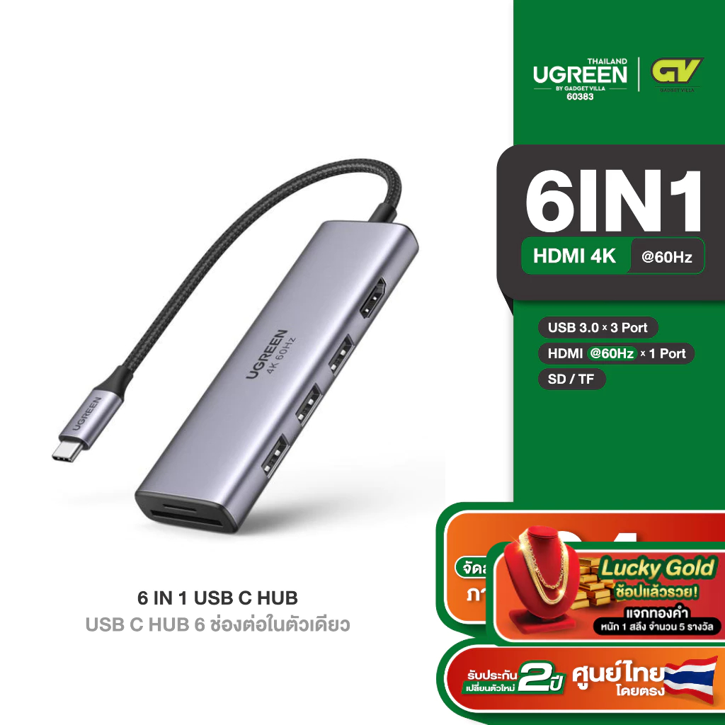 UGREEN USB HUB Type C 5 - 13 in 1 HDMI 4K 60Hz USB3.0 x2 พอร์ต PD100W Gigabit Lan 1000Mbps SD/TF