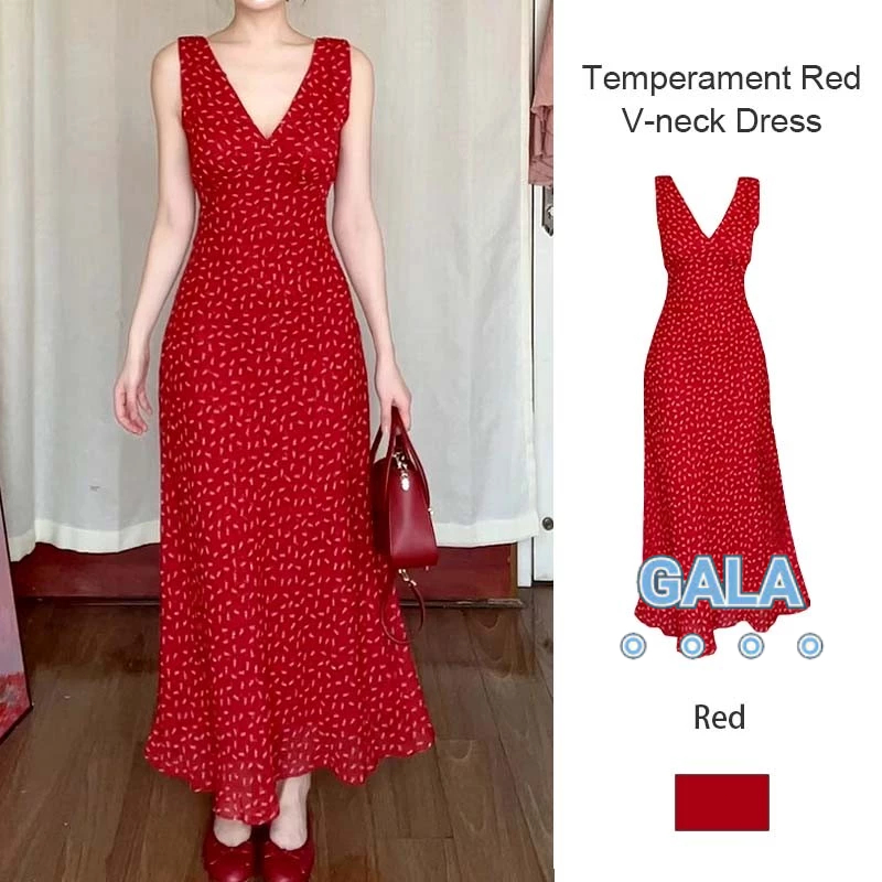 อารมณ์ สีแดง คอวี เดรส สไตล์วันหยุด ไม่มีแขน ลายดอกไม้ ผู้หญิง เดรสยาว ไฮเอนด์ GA
