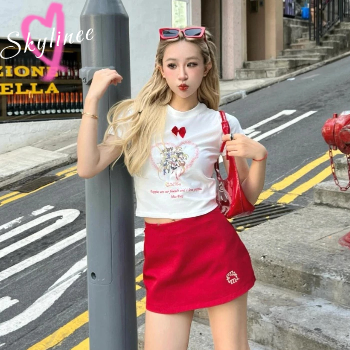 พร้อมส่ง กระโปรงหางเกงเอวกลางเกงสีแดงสดใส ใส่ง่าย SL