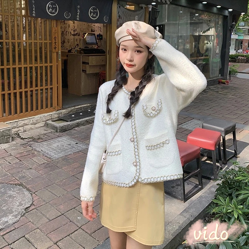 สไตล์ฝรั่งเศสสั้นถักเสื้อสเวตเตอร์ถักเลียนแบบ Mink เสื้อขนสัตว์ผู้หญิงรอบคอถักเสื้อสเวตเตอร์ถัก VIDO