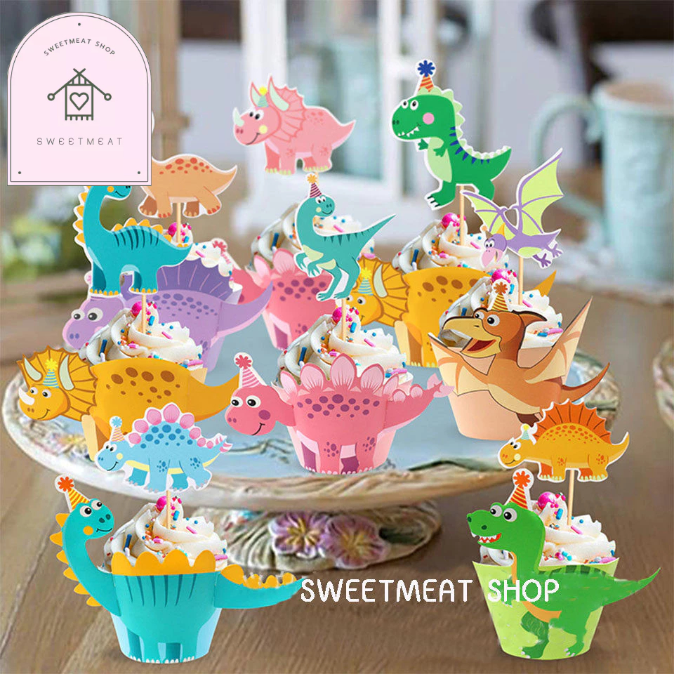 ป้ายHappy birthday ไดโนเสาร์ ถ้วยคัพเค้กไดโนเสาร์ cupcake แต่งเค้ก