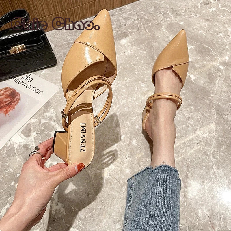 รองเท้าส้นสูงและรองเท้าแตะสตรี สายรัดคู่ หัวแหลม ดีไซน์สวยงาม ใส่ได้ 2 แบบ เหมาะกับใส่ทำงาน ไซส์ 35-42