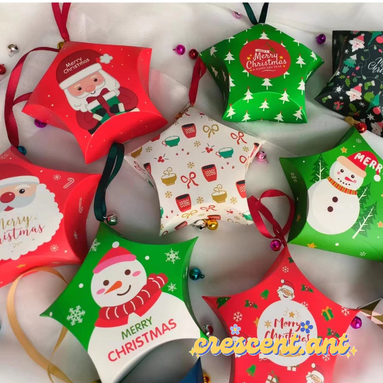 🍓CCT🍓 กล่องของขวัญทรงดาว ประดับต้นคริสต์มาส ใส่ขนม ใสคุ๊กกี้ เทศการคริสต์มาส ปีใหม่ merry christmas มีสายห้อย แถมกะดิ่ง