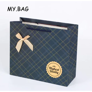🌷🌷BAG🌷🌷 ถุงกระดาษ ลายสก็อต สีครีม สีน้ำเงิน ถุงใส่ของขวัญ แบบติดโบว์ กระดาษเงา ใส่เสื้อผ้า