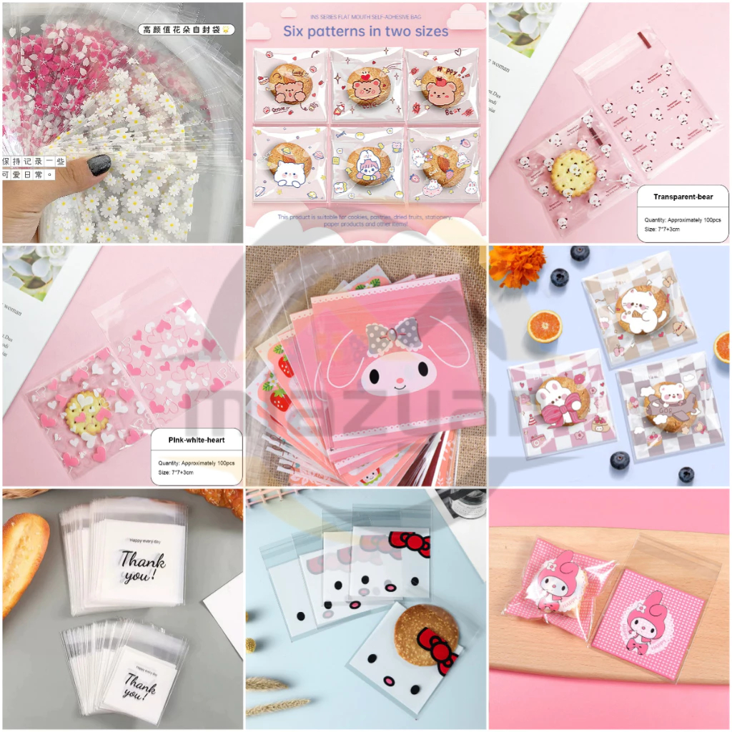 😍COD😍ถุงคุ๊กกี้ ฝากาว ขนาด 7x7 ซม.และ 10x10 ซม. (100 ใบ) มีสไตล์ให้เลือก