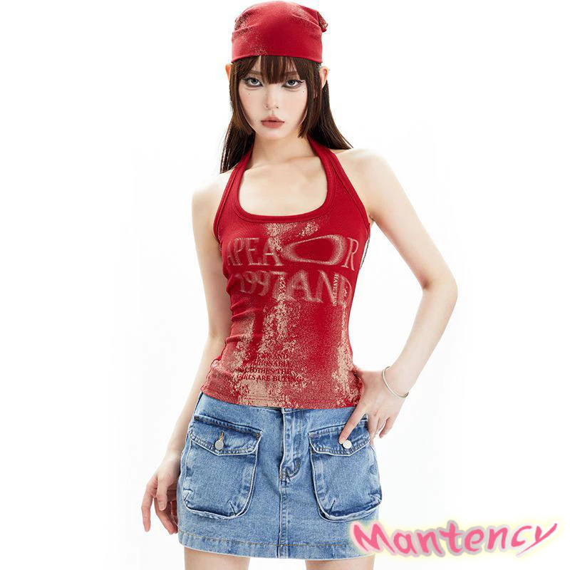 เสื้อครอปท็อป แขนกุด สายคล้องคอ สั้นพิเศษ ลายตัวอักษร รูปที่ 5