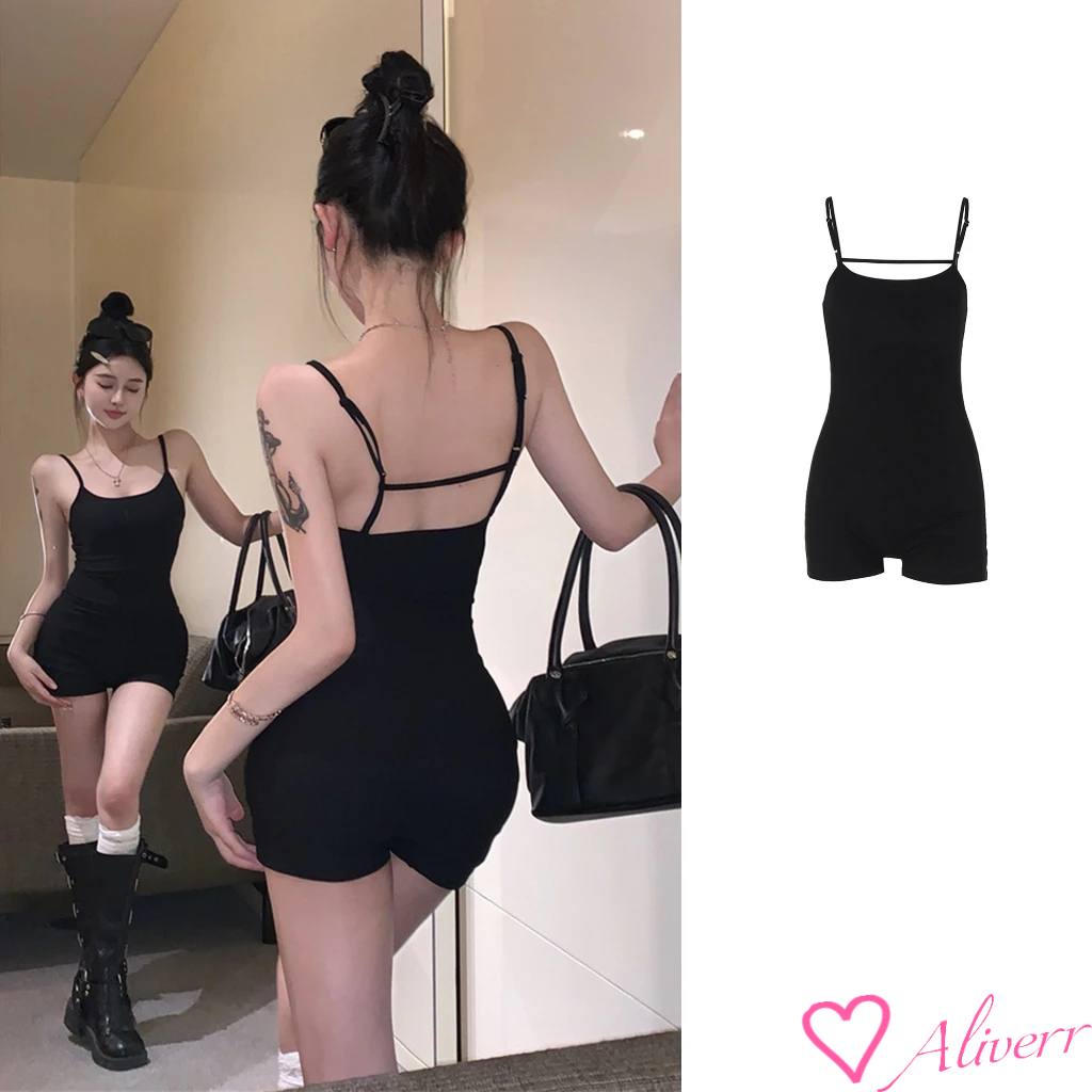 จั้มสูทขาสั้นทรงสายเดี่ยว เปลือยหลัง ดำ เอวสูงทรงเข้ารูป ปกปิดสะโพก LIVE