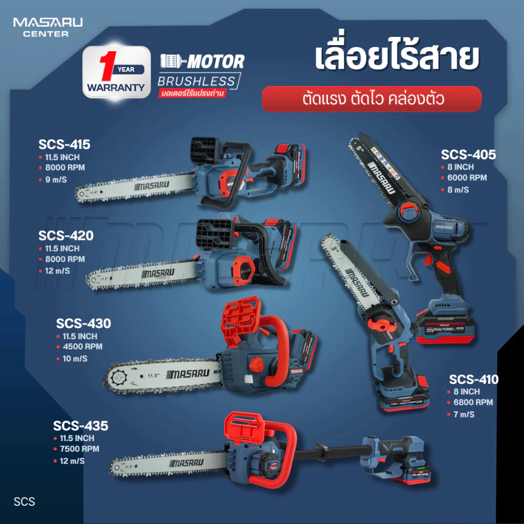 MASARU เลื่อยไฟฟ้าไร้สาย รุ่น SCS-405/410/415/420/430/435 เลื่อยไฟฟ้า เลื่อยโซ่ไร้สาย