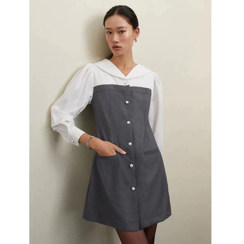 [Pomelo] เดรสแต่งกระดุมมุกดีไซน์เลเยอร์ / Pearl Button Layered Dress