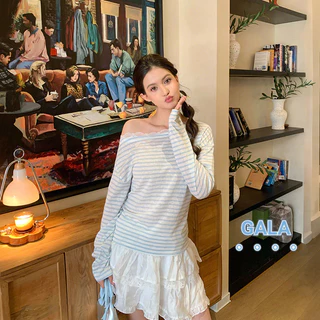 ⭐ส่งจากไทย มีสินค้าพร้อมส่ง⭐เสื้อยืดลายทาง คอเฉียง ตกแต่งลูกไม้ ผ้าตัดรัดรูปสำหรับผู้หญิง GA