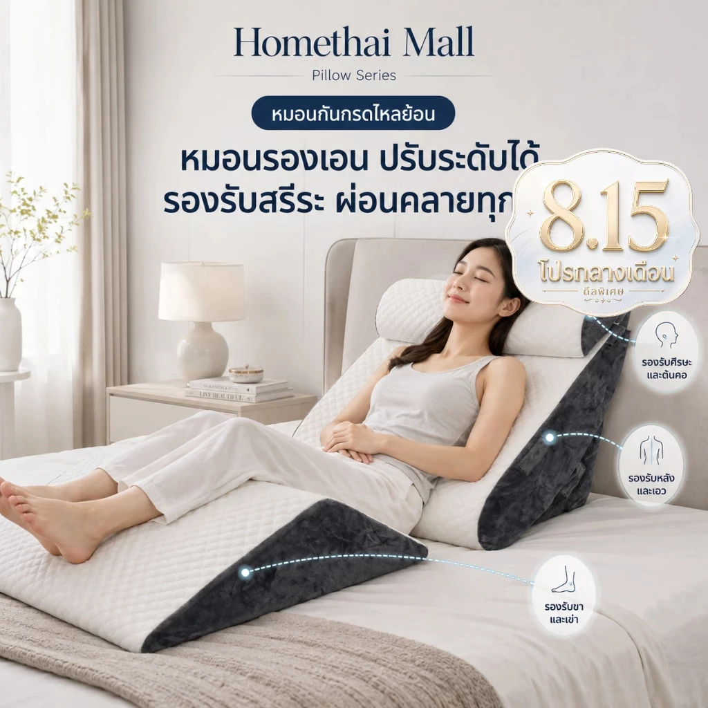 HT หมอนกันกรดไหลย้อน หมอนดูซีรีส์ ปรับองศาเอนนอนได้ นอนหลับสบาย ในเซ็ตมี 4 ชิ้น รับประกัน 1 ปี