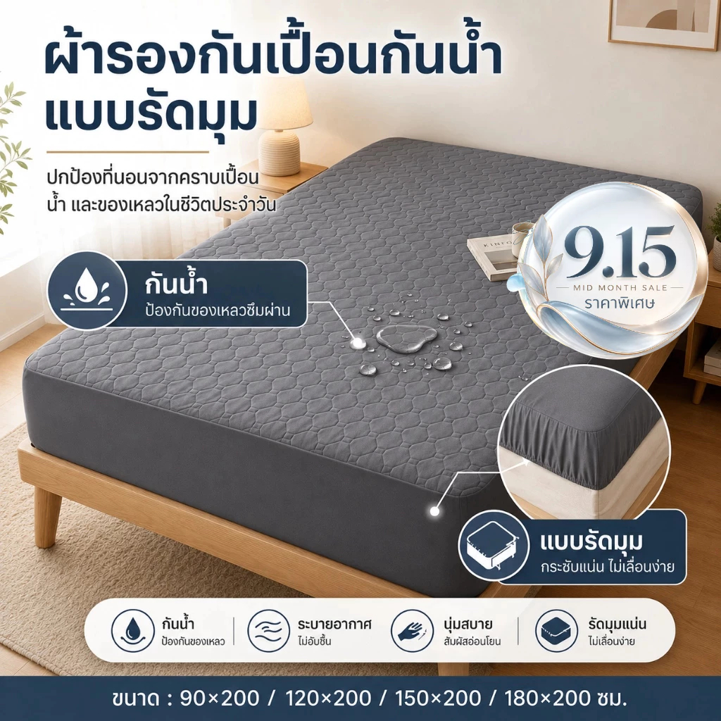 HT ผ้าปูที่นอนกันน้ํา  3/3.5/5/6ฟุต 100%ผ้าปูที่นอนกันไรฝุ่นวัสดุ TPU Waterproof bed sheet