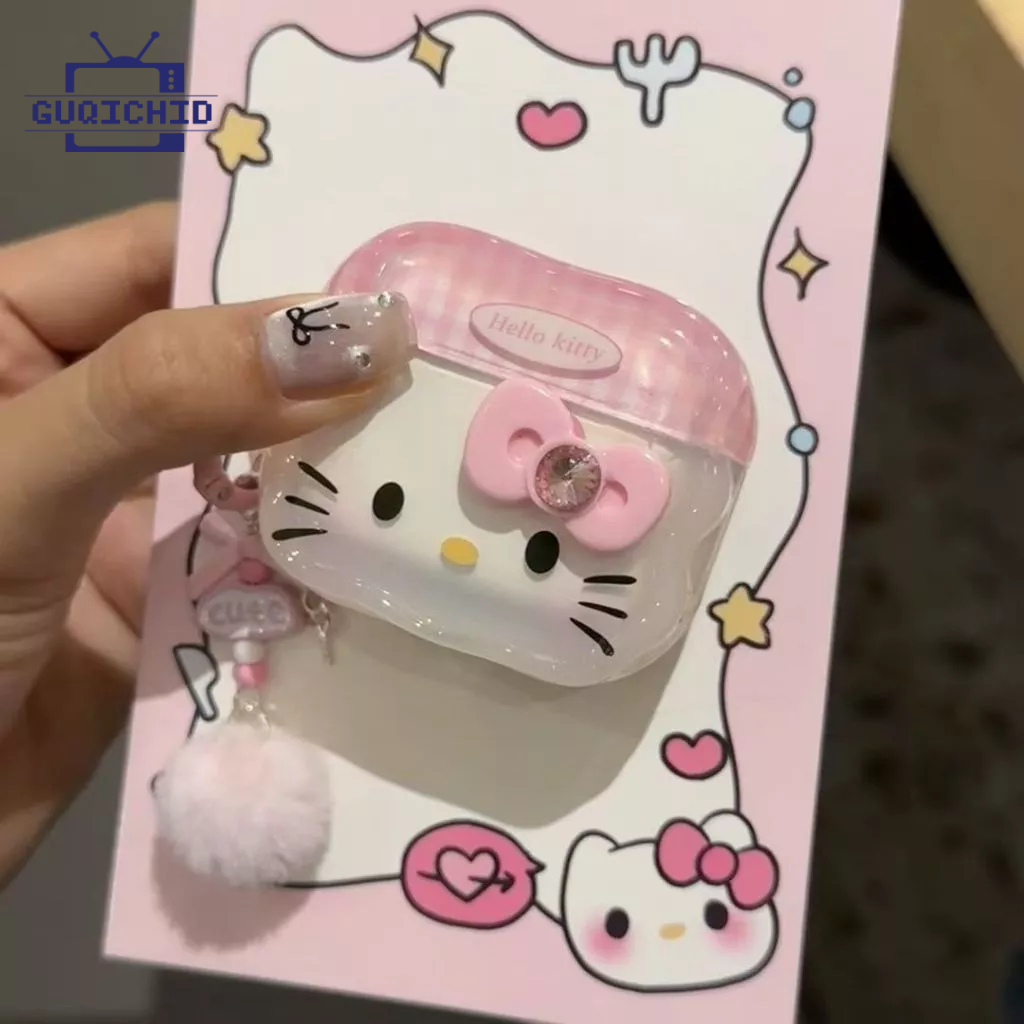 Girly การ์ตูน KT Cat หูฟังใสพร้อมพวงกุญแจสําหรับ Airpods 1 2 3 4 Airpod Pro 2 หูฟังไร้สายบลูทูธ Hard Anti-drop ชุดหูฟังฝ