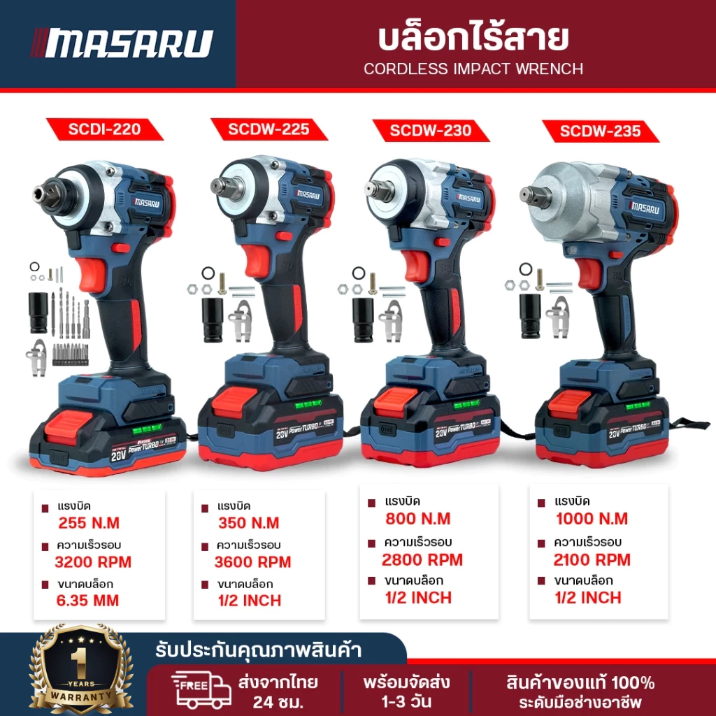 บล็อกไร้สาย Masaru บล็อกไฟฟ้า SCDW-225 SCDW-230 SCDW-235 รุ่นใหม่ ล่าสุด ประกัน 1 ปี สว่านบล็อก