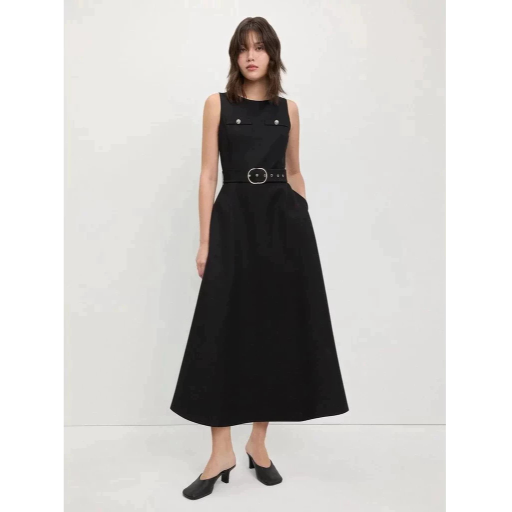 [Pomelo] เดรสแขนกุดแต่งเข็มขัด / Belted Sleeveless Dress – Black