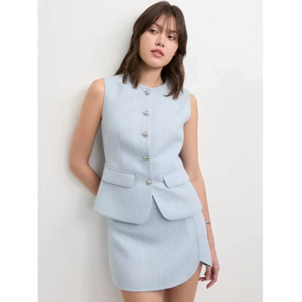 [Pomelo] แจ็คเก็ตผ้าทวีตแขนกุด / Sleeveless Tweed Jacket – Baby Blue