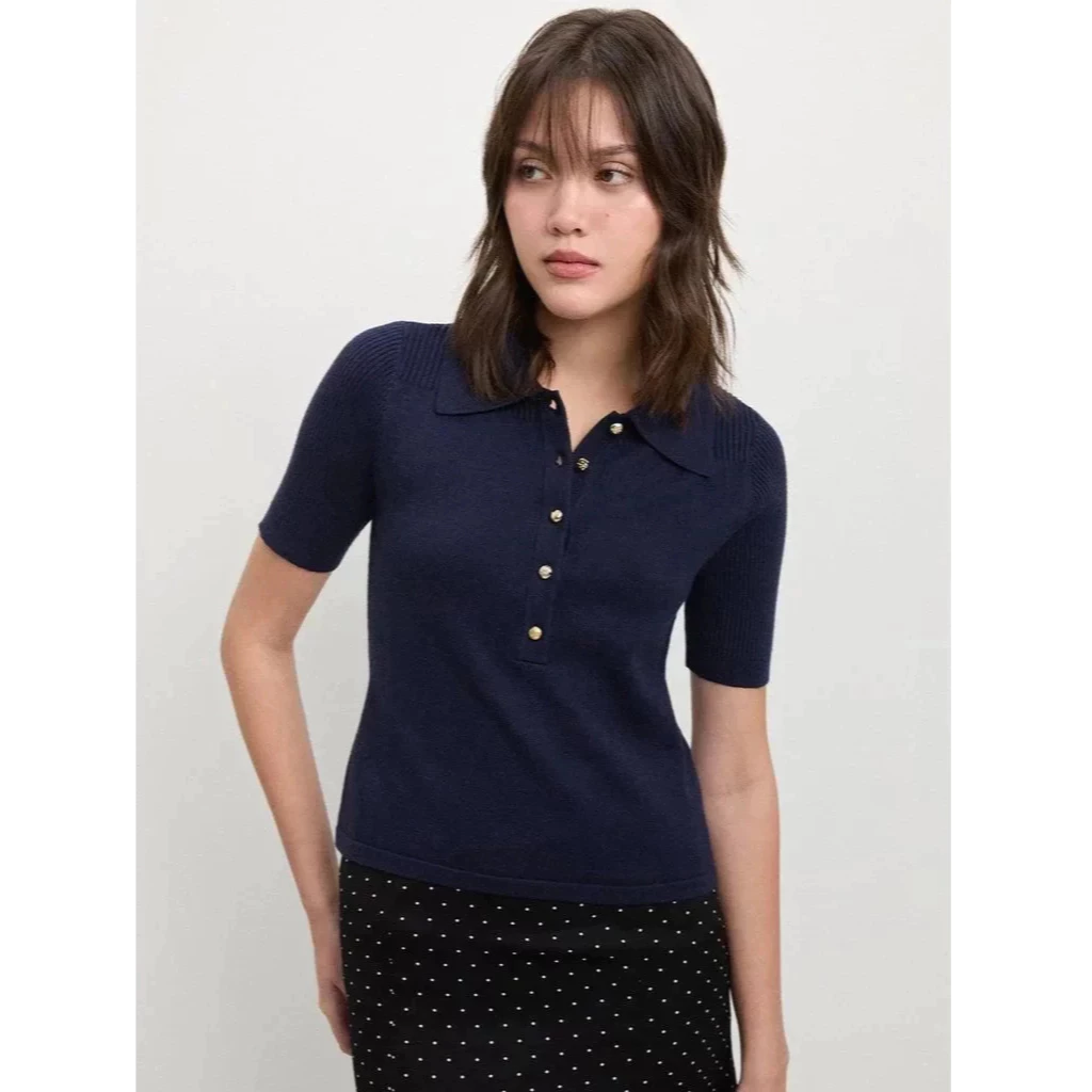 [Pomelo] เสื้อโปโลถักแขนสามส่วน / Knitted Three-Quarter-Sleeve Polo Top