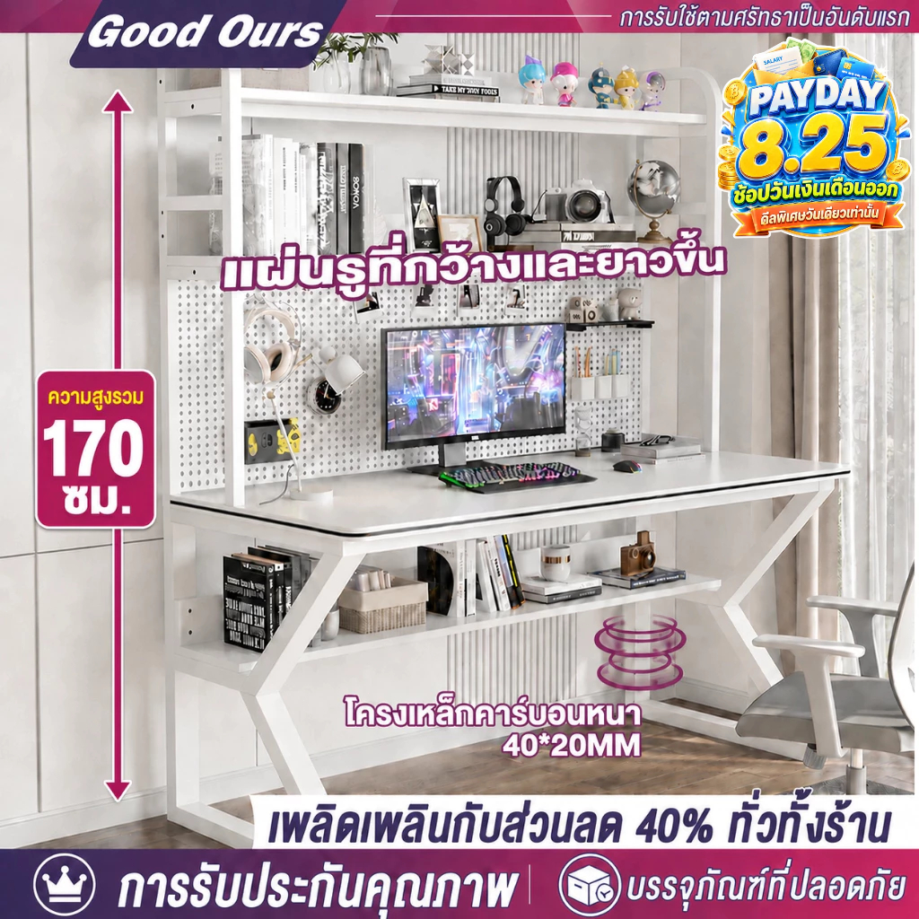 G&O โต๊ะคอมพิวเตอร์ โต๊ะทำงาน พร้อมชั้นวาง แผงเจาะรู Pegboard ขนาด 80/100/120/140CM โครงเหล็กแข็งแรง สูง 170CM