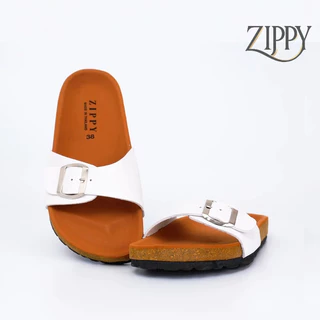 ZIPPY รองเท้าแตะวินเทจ รุ่น Madrid พื้นน้ำตาล สายเข็มขัดสีขาว ปรับสายได้ สไตล์ไบเก้น นุ่มเบาใส่สบาย