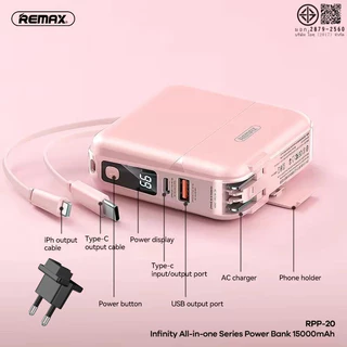 Remax RPP-20 15000mAh แบตสำรอง W1501 ของแท้ รับประกันฟรีสติกเกอร์ปลั๊กและแบตพร้อมสายชาร์จในตัวเดียว