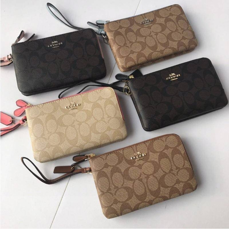 Double Corner Zip Wristlet 87591 16109 3132 ผู้หญิง กระเป๋าสตางค์ กระเป๋าสตางค์ยาว ซิปคู่ หนังแท้ Z7