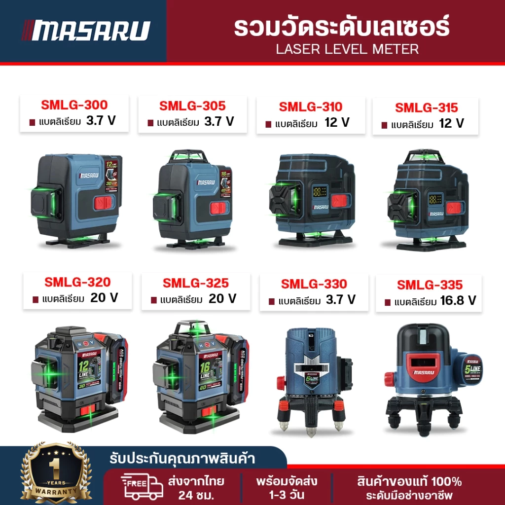 เครื่องวัดระดับเลเซอร์แสงสีเขียว Masaru เลเซอร์วัดระดับ แสงสีเขียว SMLG-300/325 เลเซอร์วัดระยะ