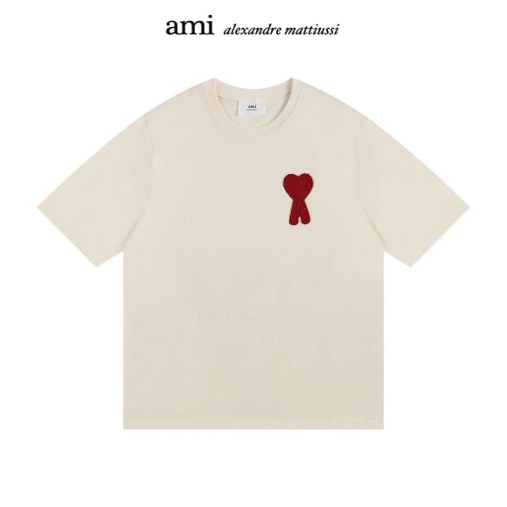 AMI Paris T-Shirt Logo Flocked Organic Cotton Jersey เสื้อปักตัวอักษรโลโก้ LOVE