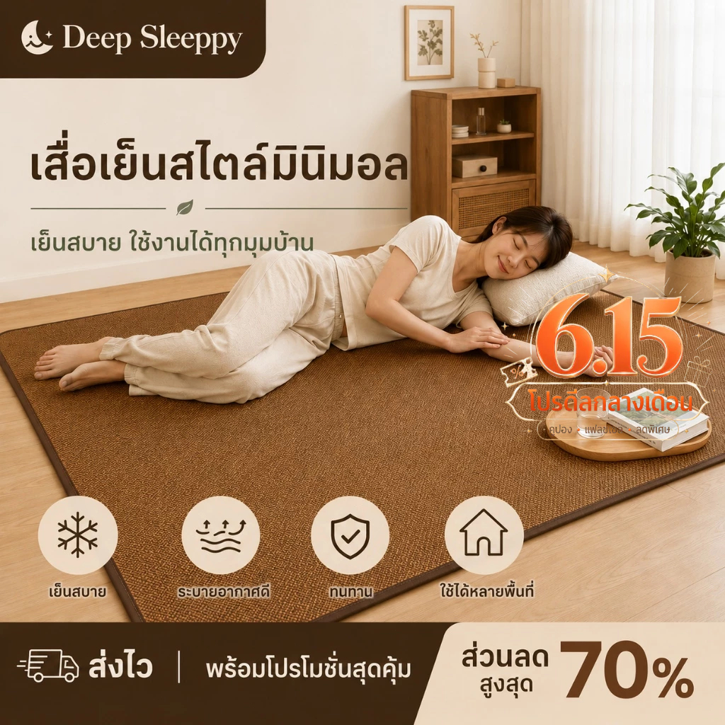 พรม เสื่อไม้ไผ่ เสื่อทาทามิ พรมปูพื้น พรมห้องนอน เสื่อเย็น พรมกันลื่น 160X180CM