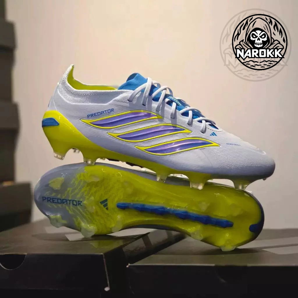 PREDATOR ELITE FG ไม่มีลิ้น ฟ้า-เหลือง ตัวท็อป 100%