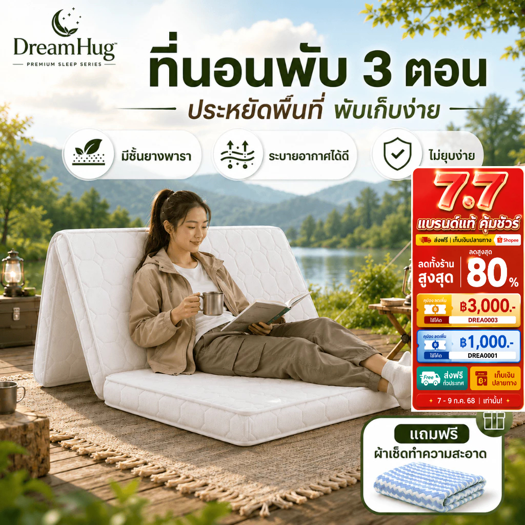 DreamHug ที่นอนพับได้ ยางธรรมชาติ นุ่มสบาย 3/4/5 ฟุต เหมาะกับหอพัก ห้องเช่า COD