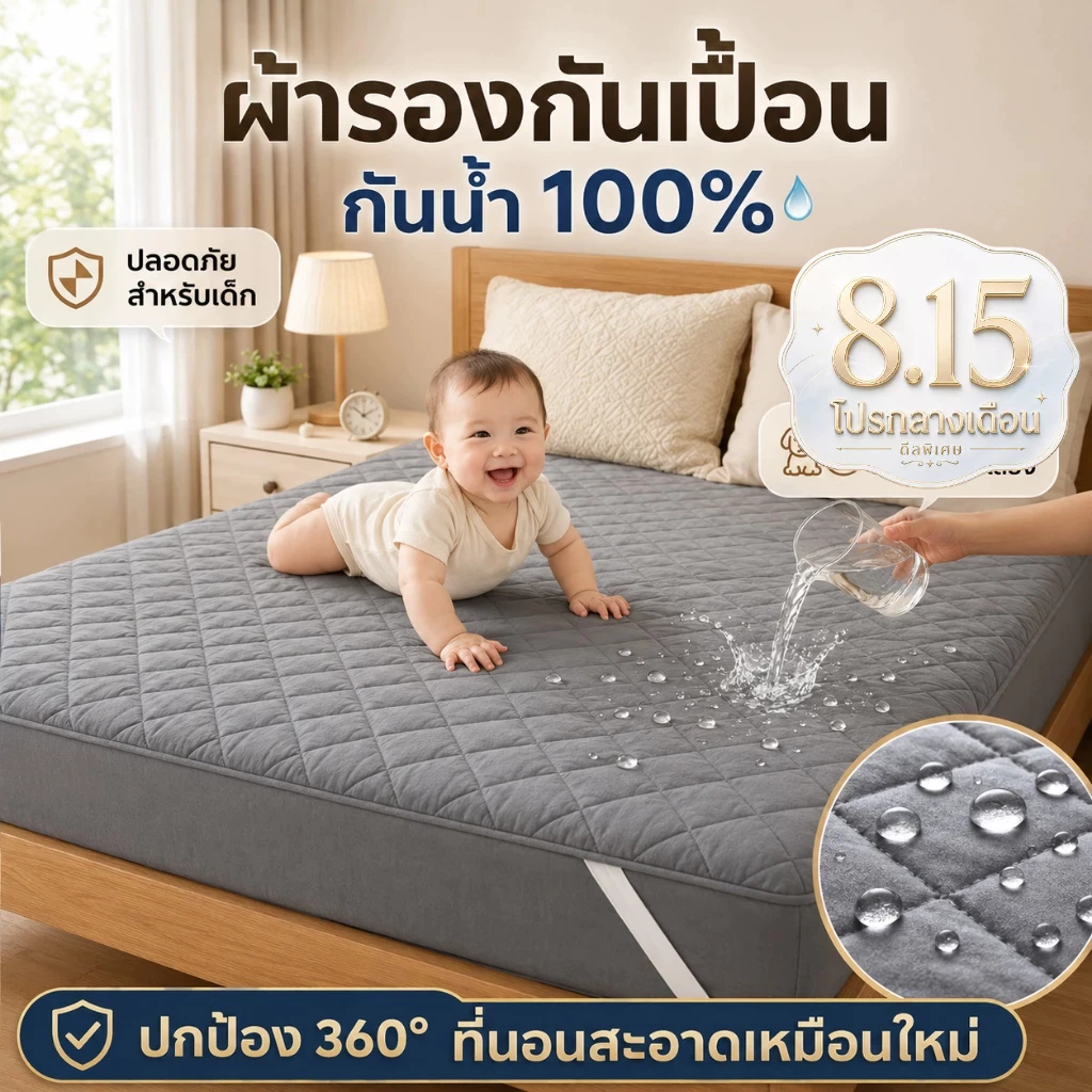 HT ผ้ารองกันเปื้อน ผ้าปูที่นอนกันน้ํา ผ้ารองกันเปื้อนที่นอน ผ้านุ่ม 6ฟุต/5/3.5/3ฟุต 100%ผ้ากันน้ำ กันไรฝุ่น ไม่อับชื้น
